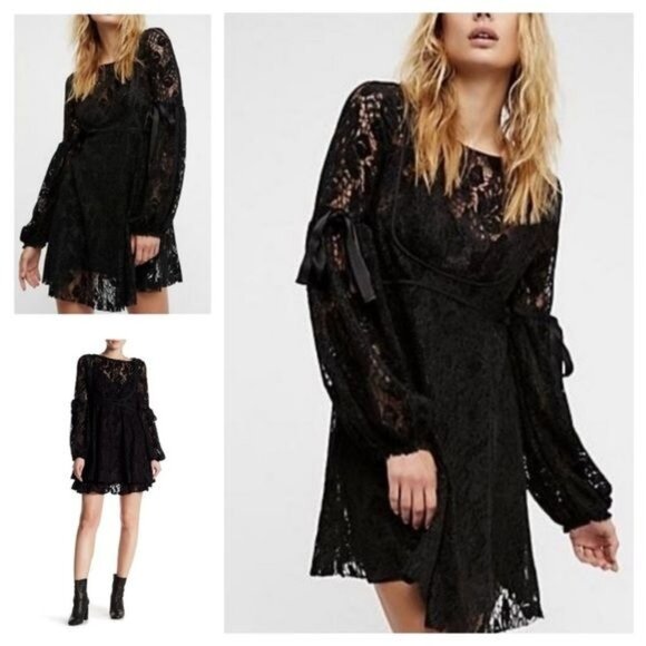 Free People Dresses & Skirts - Free People Ruby Black Lace Mini Boho Dress Size Small new with Tags